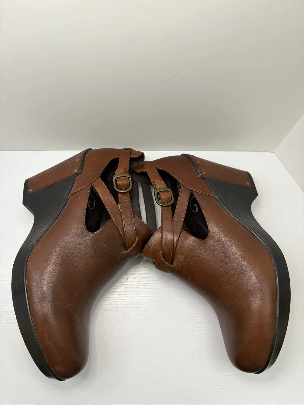 Dansko Franka Brown Leather Wedge Booties Side Cutouts Buckle Strap Size 41